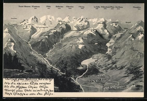 Cartoline postali: Samedan, Bergpanorama mit Ober-Engadin – Usato da Berlin venduto da bartko-reher