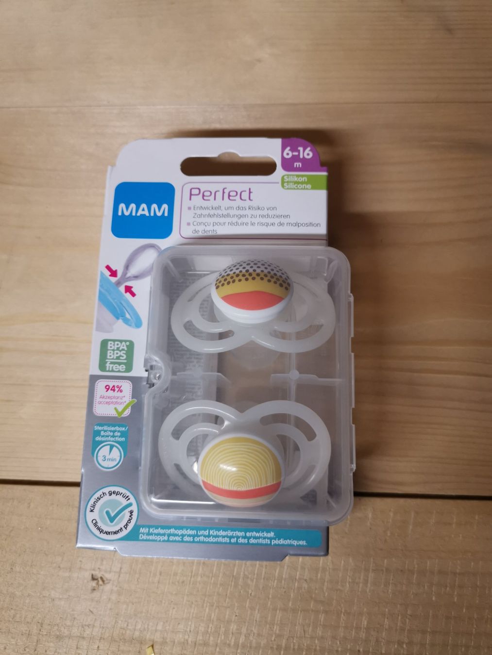 Mam Succhiotti & catenelle porta ciuccio: Mam Perfect Nuggi Schnuller 6-16 Monate neu – Nuovo e nell'imballaggio originale da Fankhaus (Trub) venduto da sun_7677