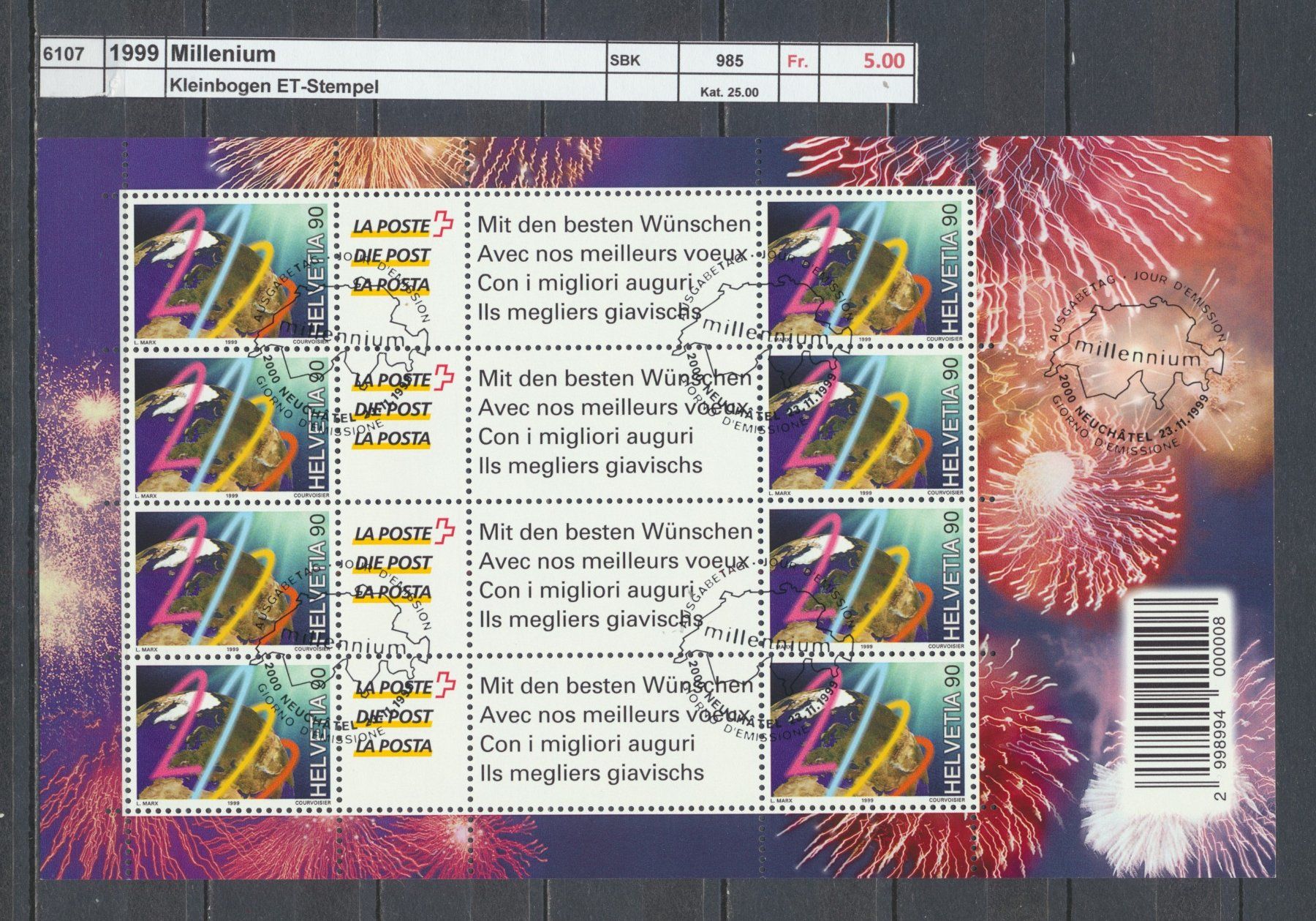 Tutti i francobolli: 1999 "Millenium", Kleinbogen, ET - Stempel – Usato da Winterthur venduto da Zupogeru