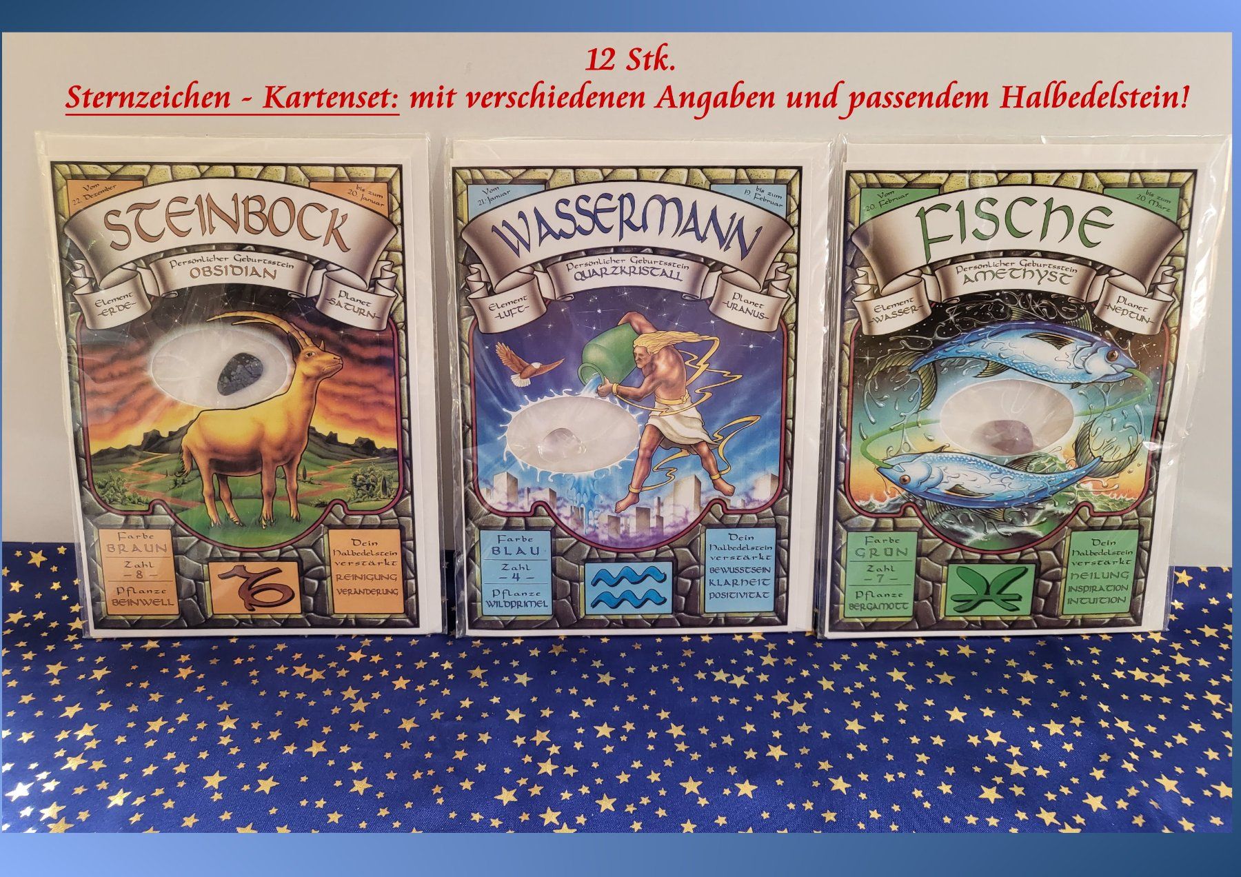 Cartoline: Sternzeichen-Kartenset mit Halbedelsteinen : 12er - Set – Nuovo e nell'imballaggio originale da Linden venduto da Mb2bb