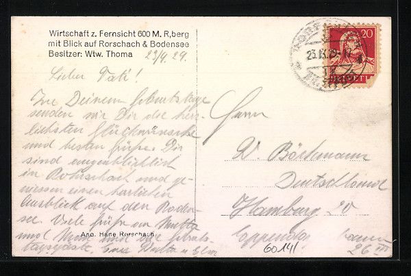 Cartoline postali: Rorschach am Bodensee, Wirtschaft z. Fer – Usato da Berlin venduto da bartko-reher 1