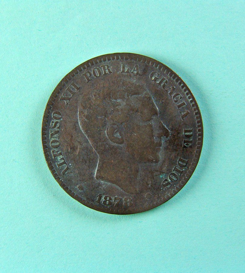 Alle Münzen: 10 Centimos Spanien, Alfonso XII, 1878, Kupfer – Gebraucht aus Stäfa von deebeecee
