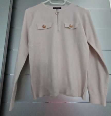 Langarmshirt Beige mit Knöpfen Gold und Reisverschluss