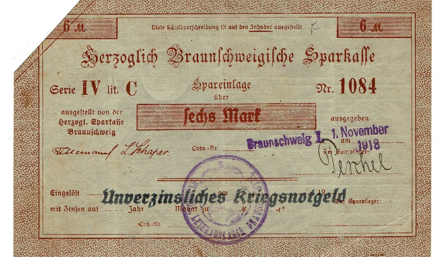 Banconote: Braunschweig 6 Mark+Stempel LitC 01.11.1918 SS+-SS++ – Usato da Steffisburg venduto da ber_8htf