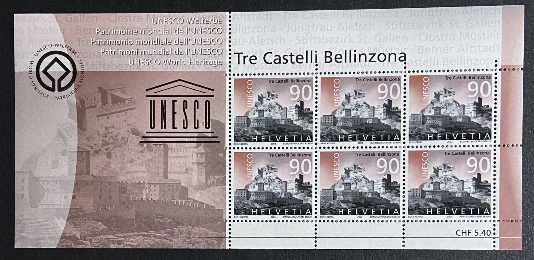 Tutti i francobolli: Schweizer Kleinbogen 2003 UNESCO-Welterbe – Usato da Böckten venduto da Hansi36