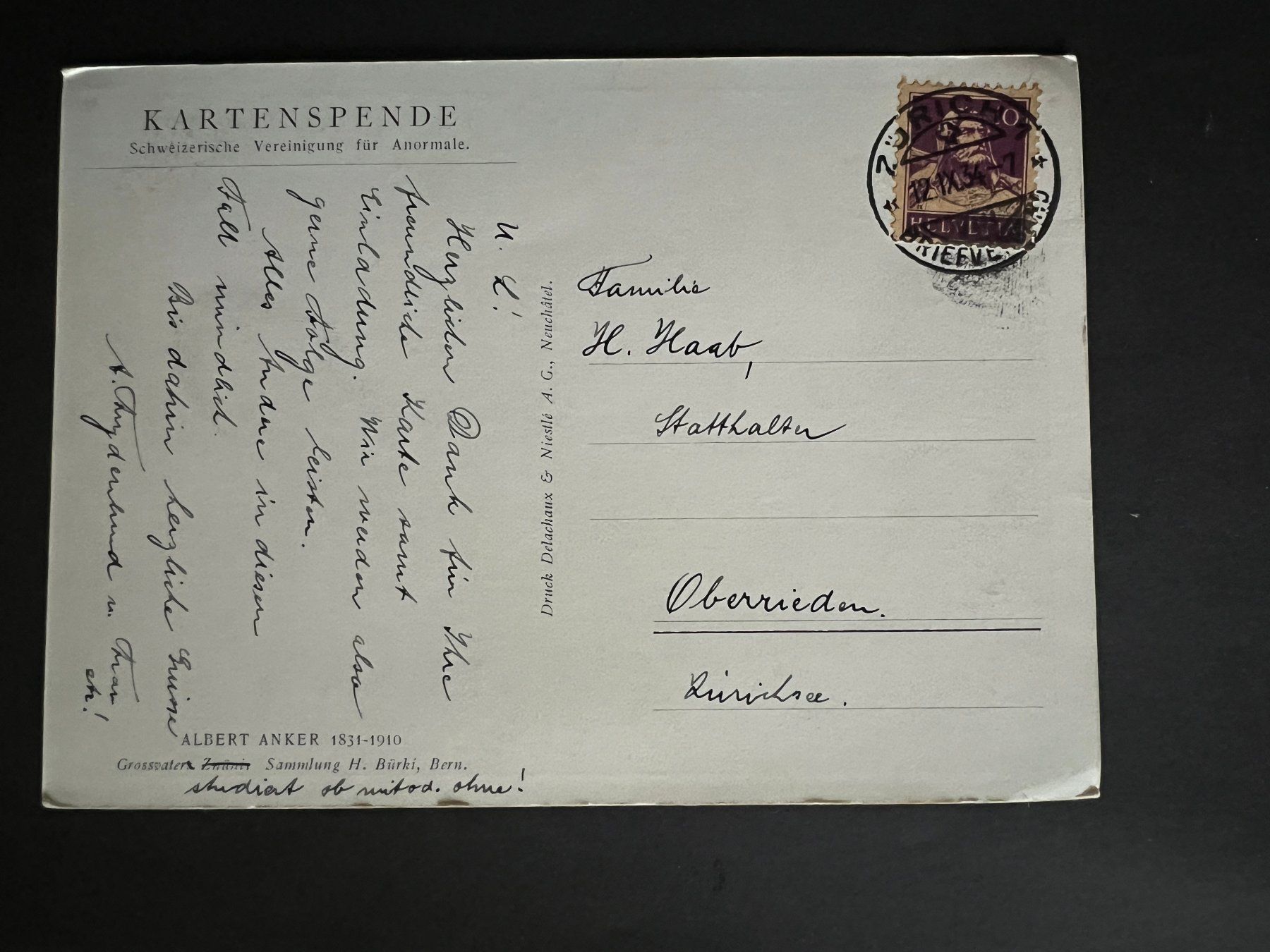 Ansichtskarten: Ansichtskarte Kartenspende A. Anker  1934  (V786) – Gebraucht aus Hinwil von Sidi4 1