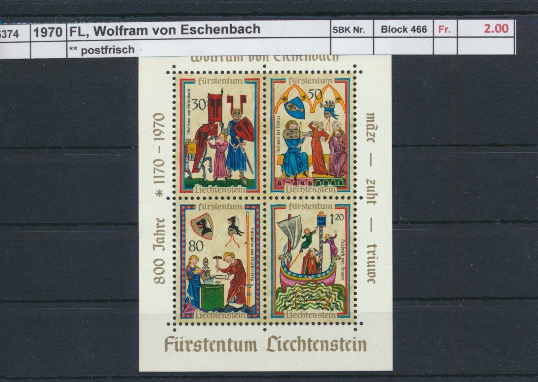 Alle Briefmarken: 1970 FL, "Wolfram von Eschenbach" - Block, ** postfrisch – Neu (gemäss Beschreibung) aus Winterthur von Zupogeru