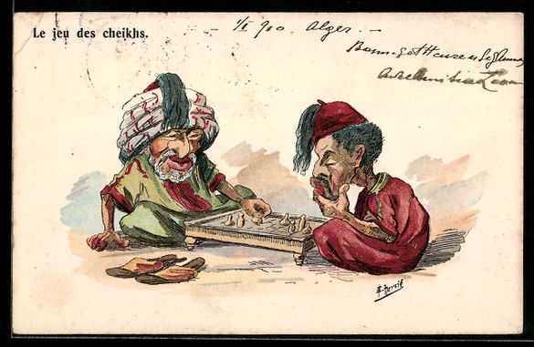 Cartoline postali: sign. Herzig: Le jeu des cheikhs, Schach – Usato da Berlin venduto da bartko-reher