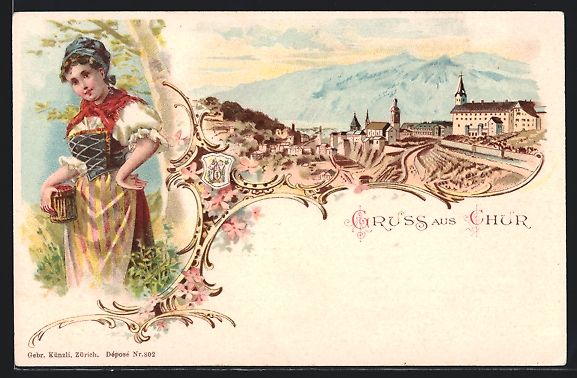 Ansichtskarten: Litho Chur, Teilansicht mit Kirche, Frau – Gebraucht aus Berlin von bartko-reher