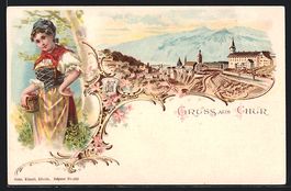 Litho Chur, Teilansicht mit Kirche, Frau