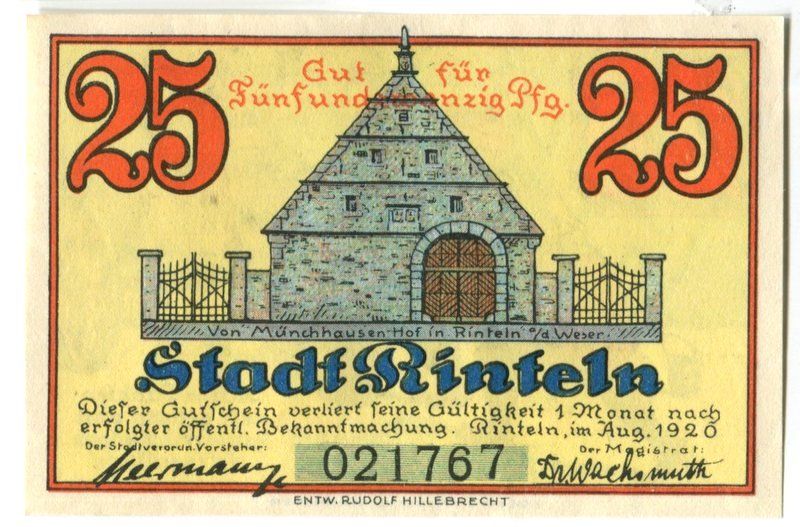 Banknoten: Notgeld "25 Pfennig. Rinteln 1920" – Gebraucht aus Basel von Butsch5 1