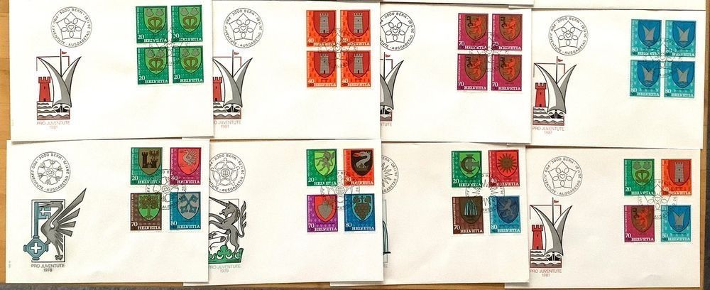 Tutti i francobolli: 1978-81 FDC Pro Juventute Gemeindewappen Viererblock +Einzel – Nuovo (secondo la descrizione) da Liestal venduto da Skunk02 2