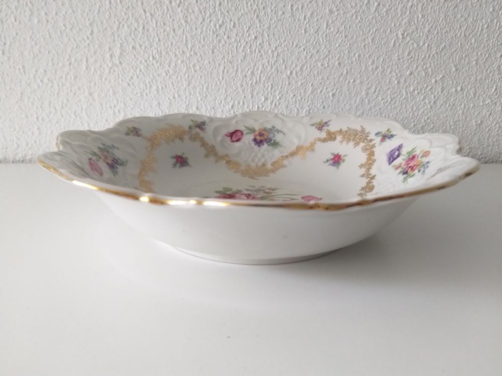 Fine China « R » Made in Germany grande assiette à gâteau, fruits, ou décoration murale bordure or 18 Kt et roses, excellent état - Canada