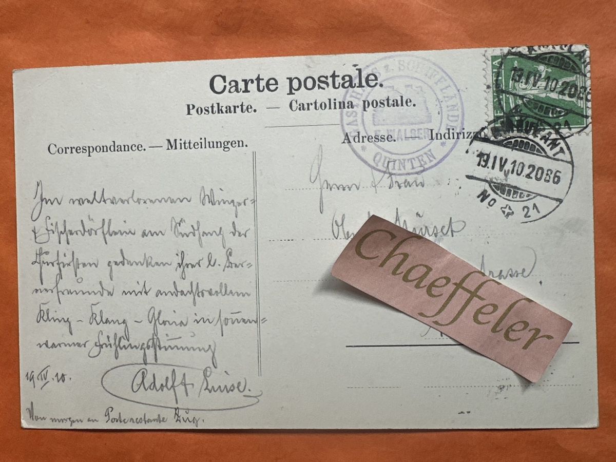 Cartoline postali: 1910 Quinten am Walensee, Wallensee – Usato da Zürich venduto da Chaeffeler 1