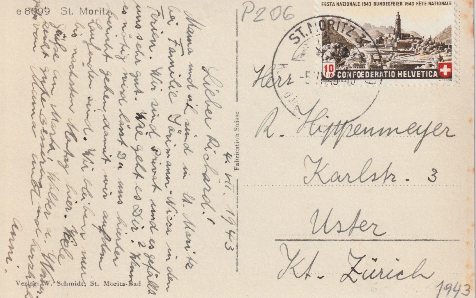 Ansichtskarten: P 206 St. Moritz, 1943 – Gebraucht aus Freienbach von Bhaltis 1