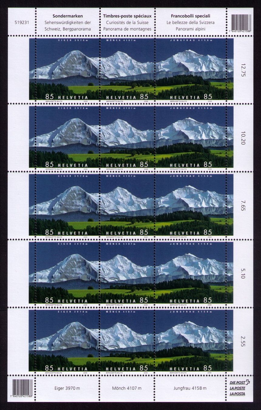 Tous les timbres: 2006_1202-04_BERGPANORAMA Eiger-Mönch-Jungfrau_BOGEN ! ** – Neuf (Voir description) à Marthalen par Ch_quality
