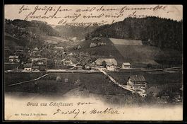 AK Schafhausen, Ortsansicht mit Fluss, Brücke und Häusern