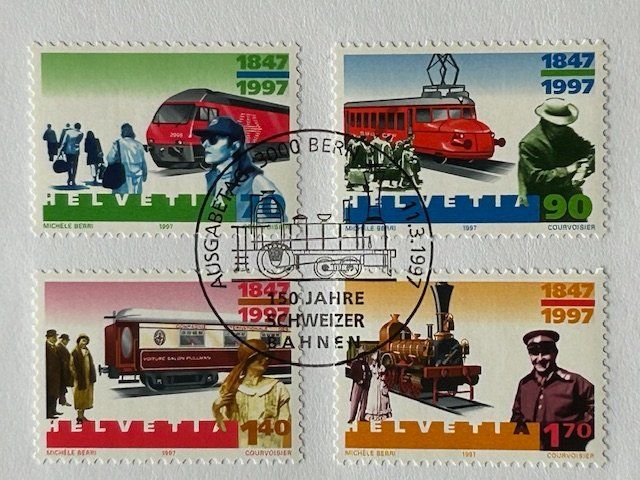 Tutti i francobolli: 150 Jahr Schweizer-Bahn 1997 Lok-2000 +Roter Pfeil +Pullmann – Usato da Ruswil venduto da Tango23