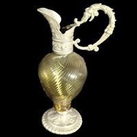 🌟Antike Amber-Glas Kanne , Zinnmontierung–Historismus 1880!