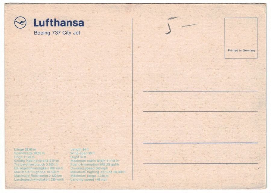 Cartoline postali: Boeing 737 City Jet Lufthansa – Usato da Frauenfeld venduto da POML 1