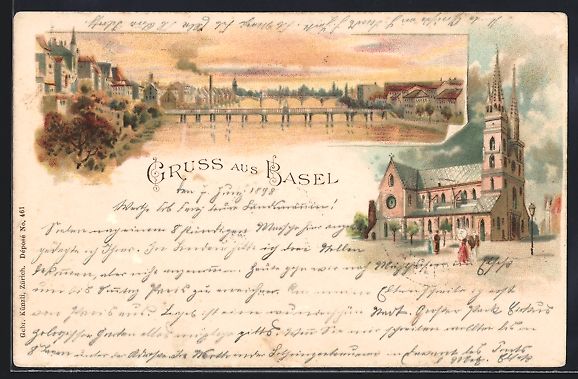 Cartoline postali: Litho Basel, Kirche und Flusspartie mit  – Usato da Berlin venduto da bartko-reher