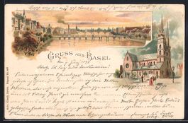 Litho Basel, Kirche und Flusspartie mit 
