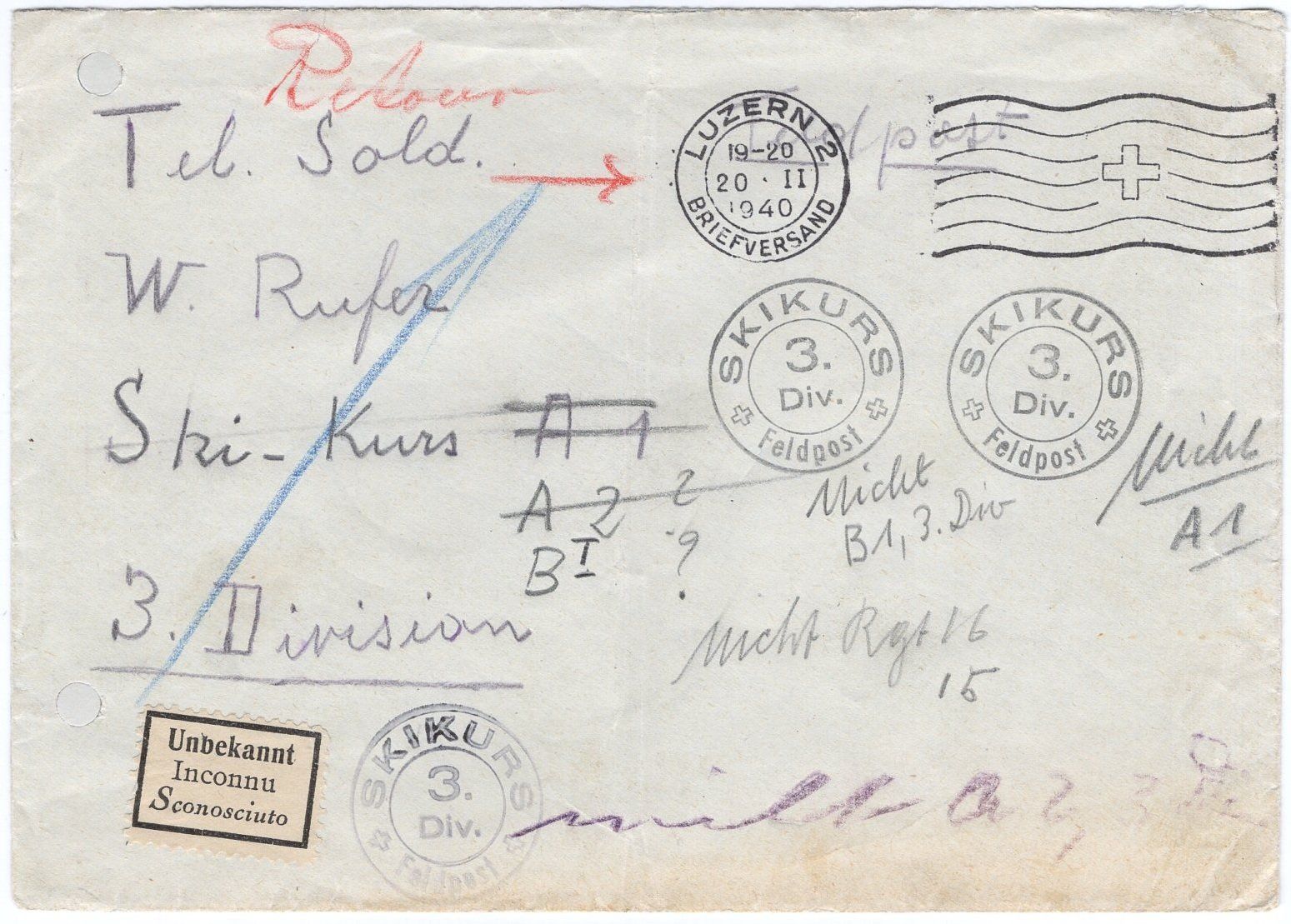 Tutti i francobolli: Feldpost IRRLÄUFER von LUZERN 20.II.1940 – Usato da Eglisau venduto da Chperfins