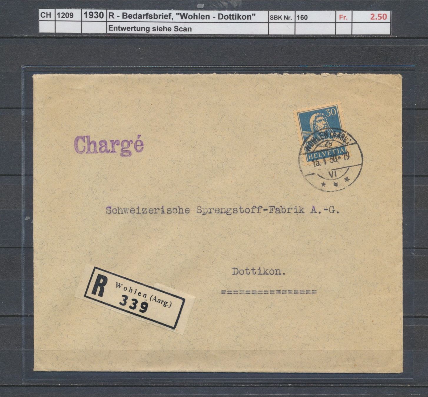 Tutti i francobolli: 1930 R - Bedarfsbrief, "Wohlen - Dottikon" – Usato da Winterthur venduto da Zupogeru