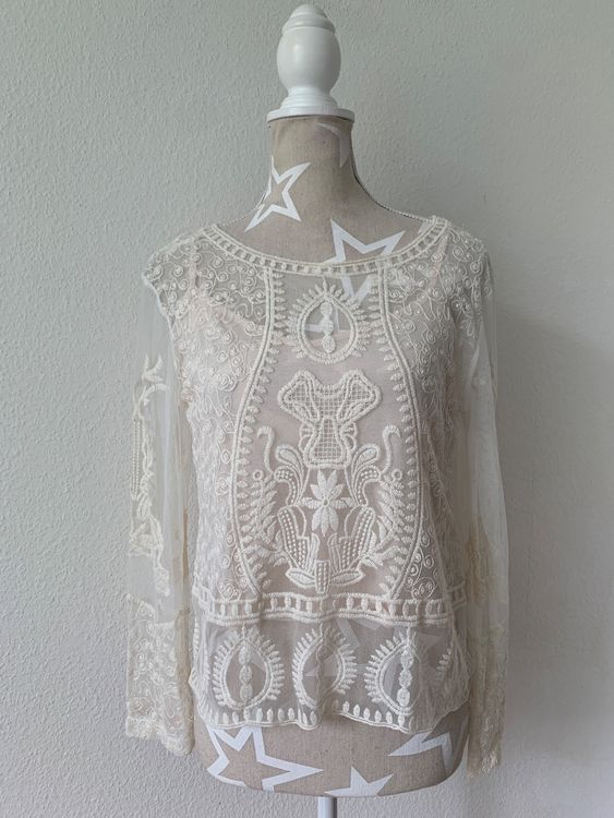 JIANROU Damen Dirndlbluse Mit Spitze - Beige Trachtenbluse Für Oktoberfest