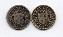 (1088) Schweiz, 2 x 10 Rappen 1851 + 1871, ss+