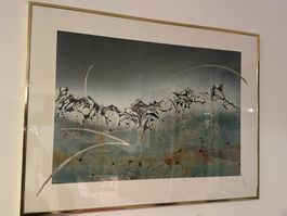 Abstraktes Bild mit Gold & Goldrahmen, Kunstdruck signiert