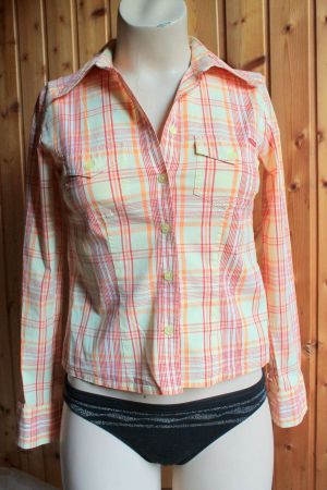 s.Oliver * karierte BLUSE mit Vintage Motiv  34/36 XS/S