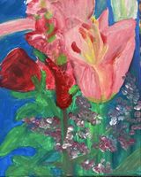 Gemälde Blumen Tulpen und Lilablüten Acryl auf Leinwand