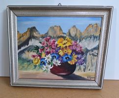 Alpines Ölgemälde Churfirsten & Blumen (J. Hüsser) um 1950