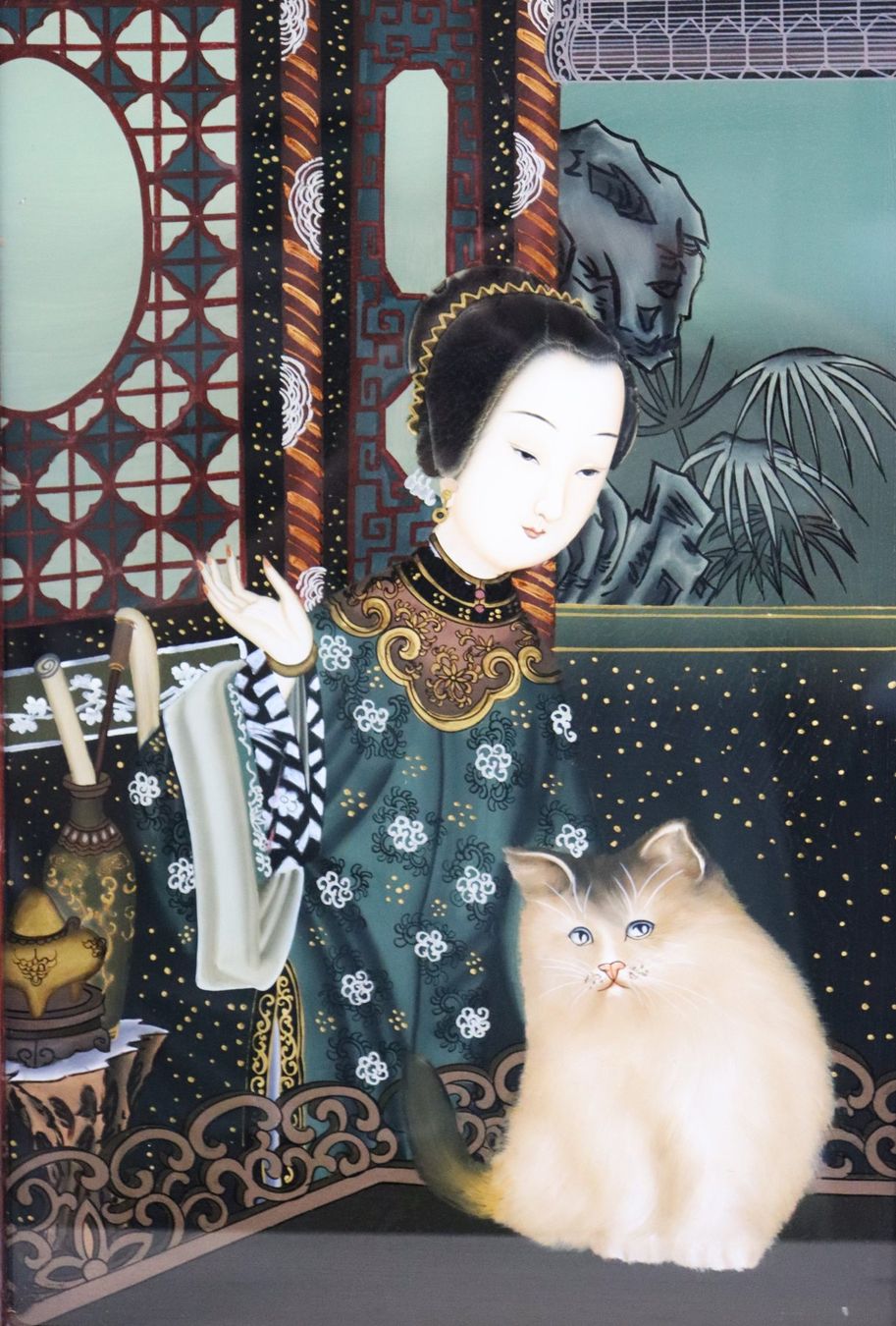 Dipinti: Alte Chinesische Hinterglasmalerei, "Konkubine mit Katze" – Usato da Zug venduto da Kunst-Fundgrube 1