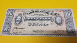 Seltene 10 Pesos Note aus Chihuahua, Mexiko, 1915