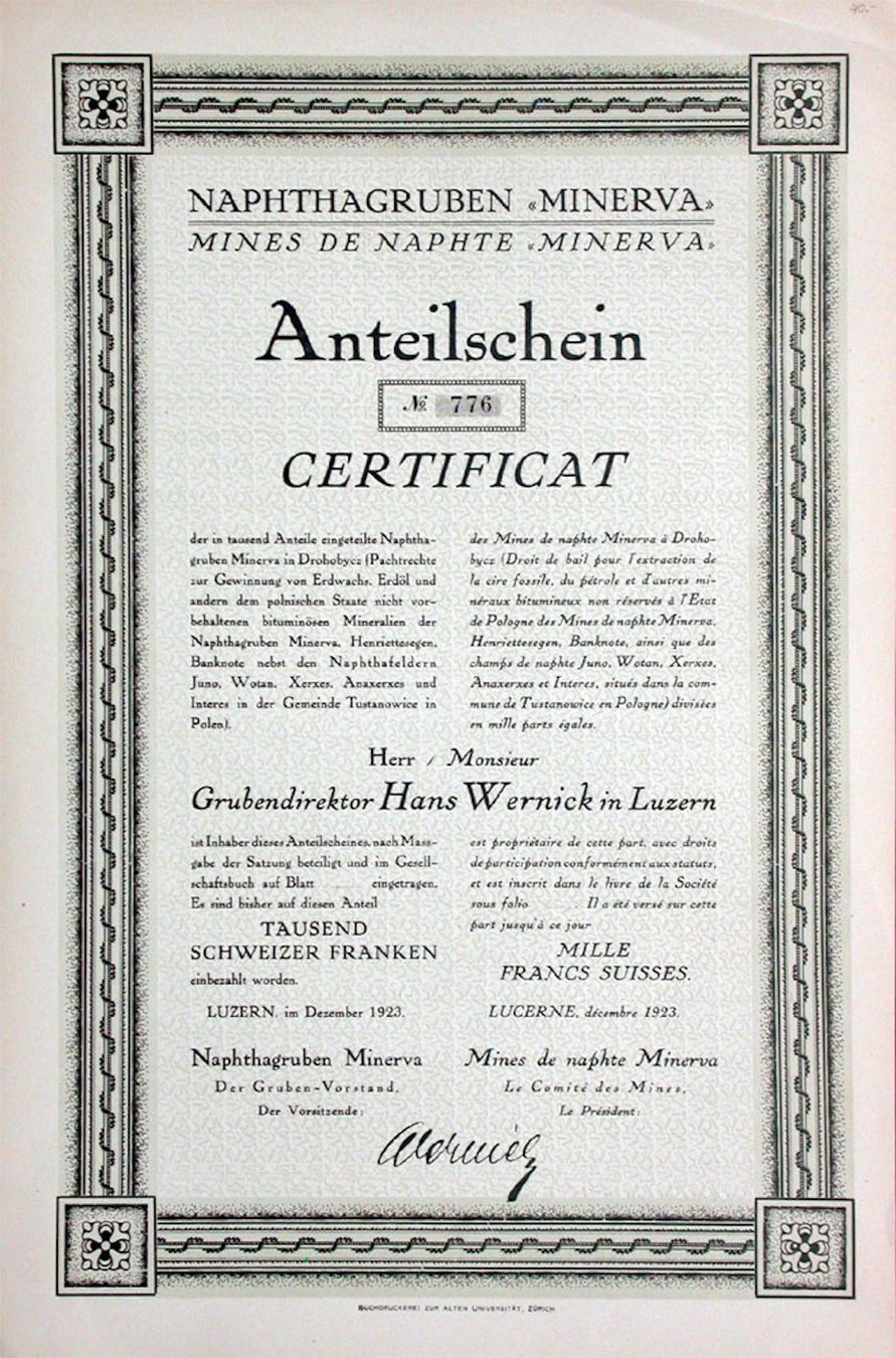 Dokumente: Naphtagruben "Minerva", Luzern - 1923 – Gebraucht aus Solothurn von Sgasche