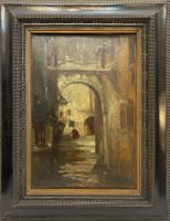 Dipinto antico, olio su tavola, scena cittadina, fine XIX se