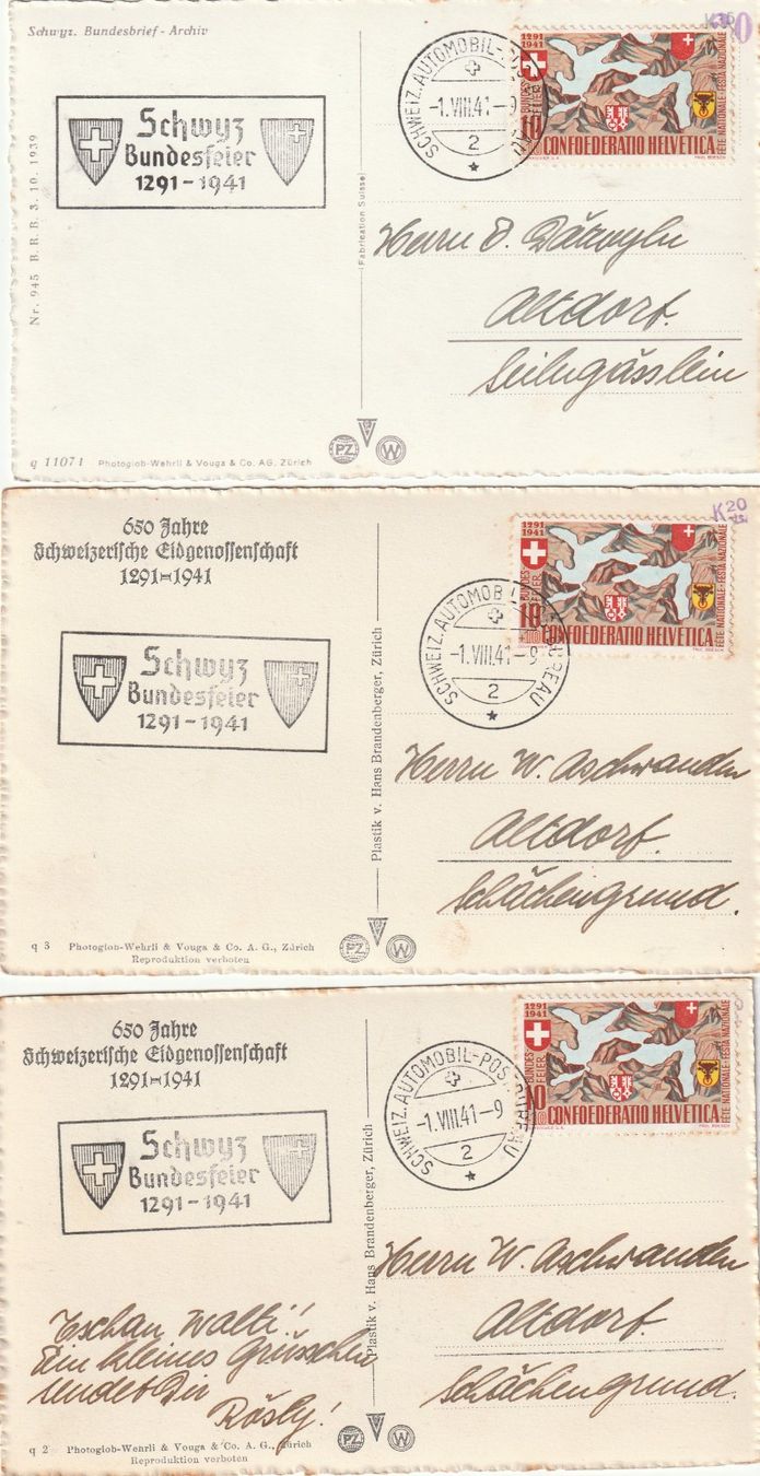 Cartoline postali: 3 Karten- 650 Jahre Schweizerische Eidgenossenschaft 1941 – Usato da uttwil venduto da Koehlerfred 1