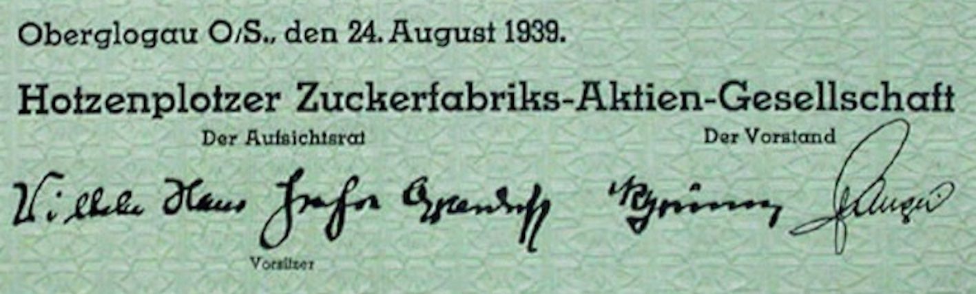 Dokumente: Hotzenplotzer Zuckerfabriks AG, Oberglogau - 1939 – Gebraucht aus Solothurn von Sgasche 1
