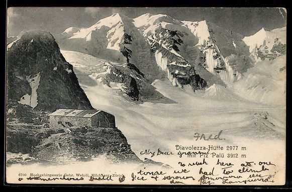 Cartoline postali: AK Diavolezza-Hütte mit Piz Pal, 1903 – Usato da Berlin venduto da bartko-reher