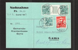 Nachnahme Beleg Gams SG , Kehrdruck mit Zwischensteg,Pro Juv