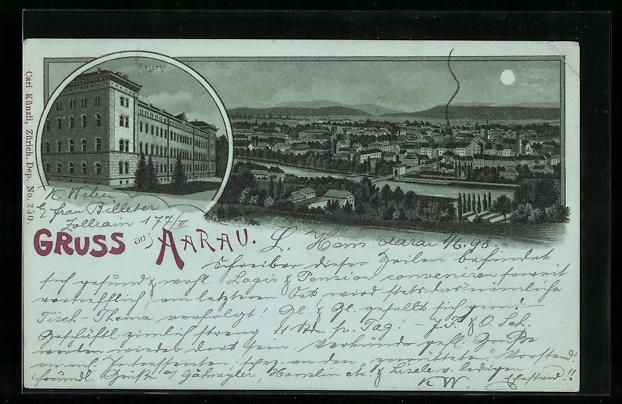 Ansichtskarten: Mondschein-Lithographie Aarau, Kaserne,  – Gebraucht aus Berlin von bartko-reher