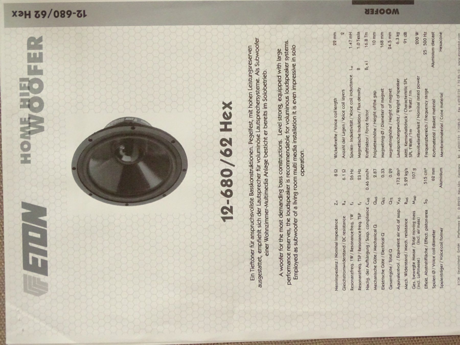 Home Cinema: Eton 12-680 Hex Tieftöner – Usato da Hirzel venduto da Musicman03 3