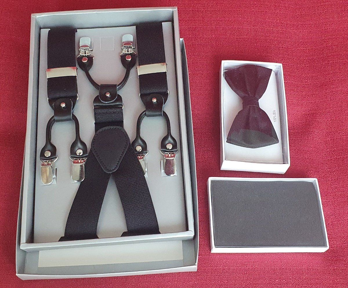 Altro in  Abbigliamento & Accessori: Edles Herren-Set: E.L. Hosenträger, Fliege & Einstecktuch – Nuovo e nell'imballaggio originale da Auw venduto da beretta1966 1