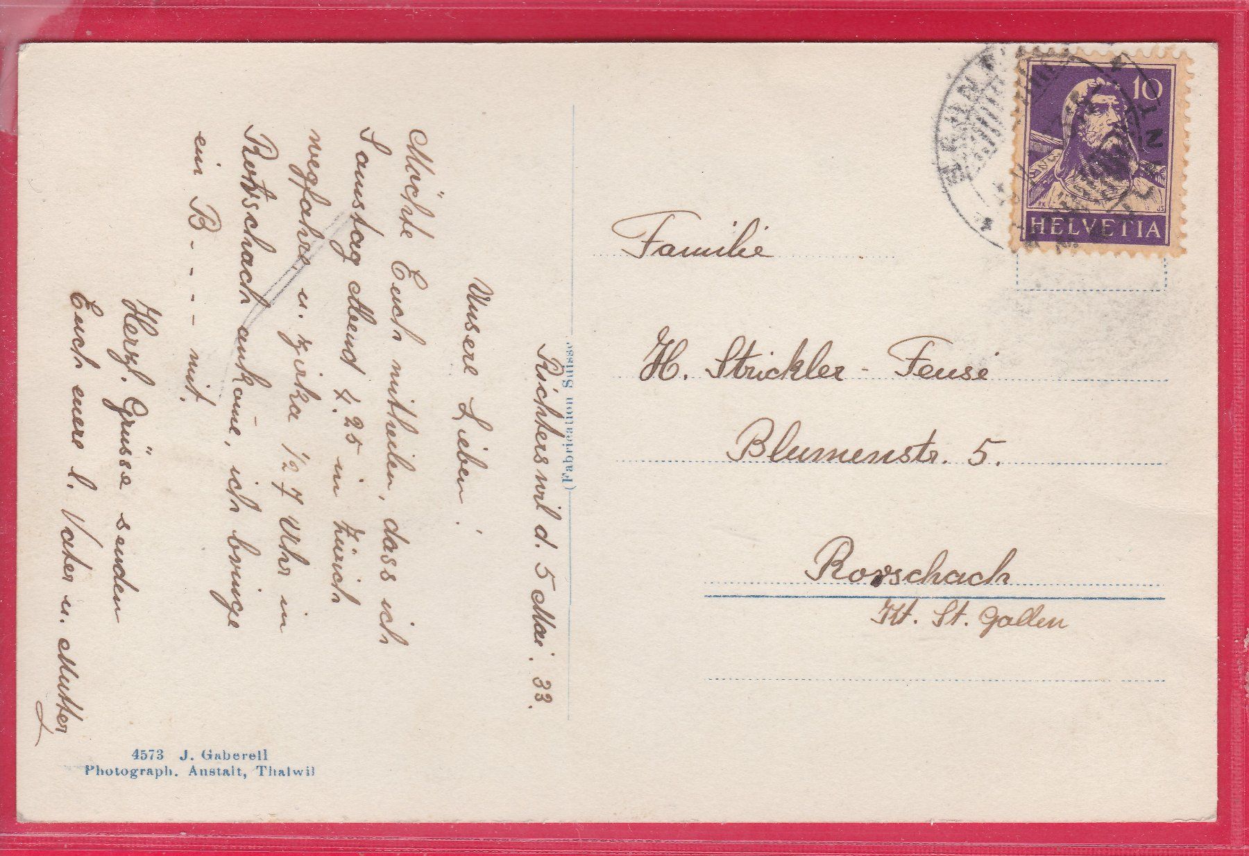 Cartoline postali: RICHTERSWIL, ZÜRICHSEE, 5.5.1933 – Usato da Oberrieden venduto da Gebirgsstelze 1
