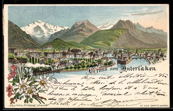Cartoline postali: Lithographie Interlaken, Ortspanorama mit Bergen – Usato da Berlin venduto da bartko-reher