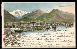 Lithographie Interlaken, Ortspanorama mit Bergen