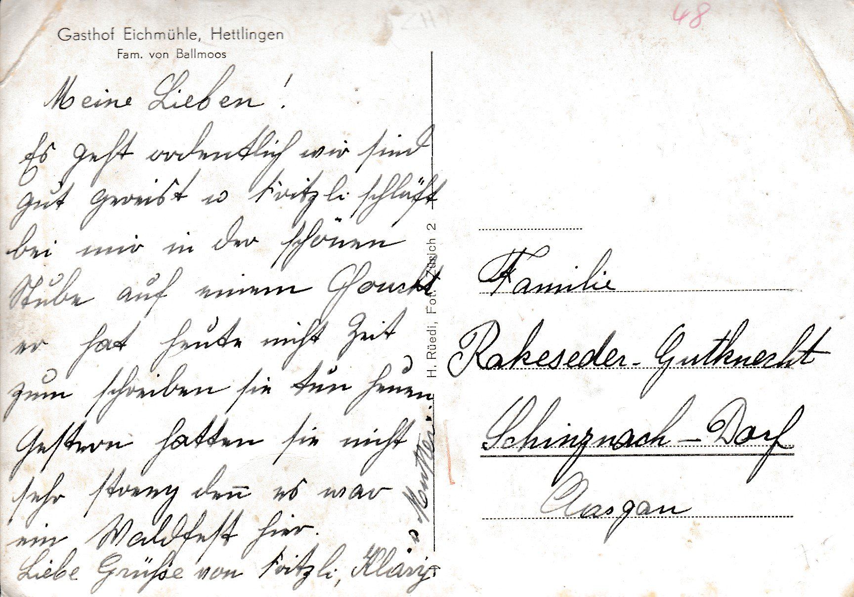 Cartes postales: Hettlingen  ZH  -   Gasthof EICHMÜHLE – D'occasion à Brig par Valcards54 1
