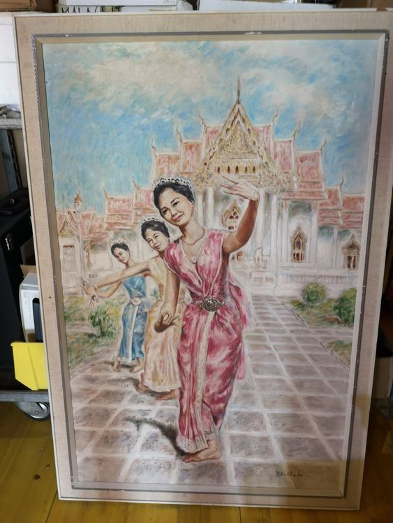 Thailand Asien Oel Gemälde Bild Tänzerin vor Tempel / Temple (Gebraucht ...